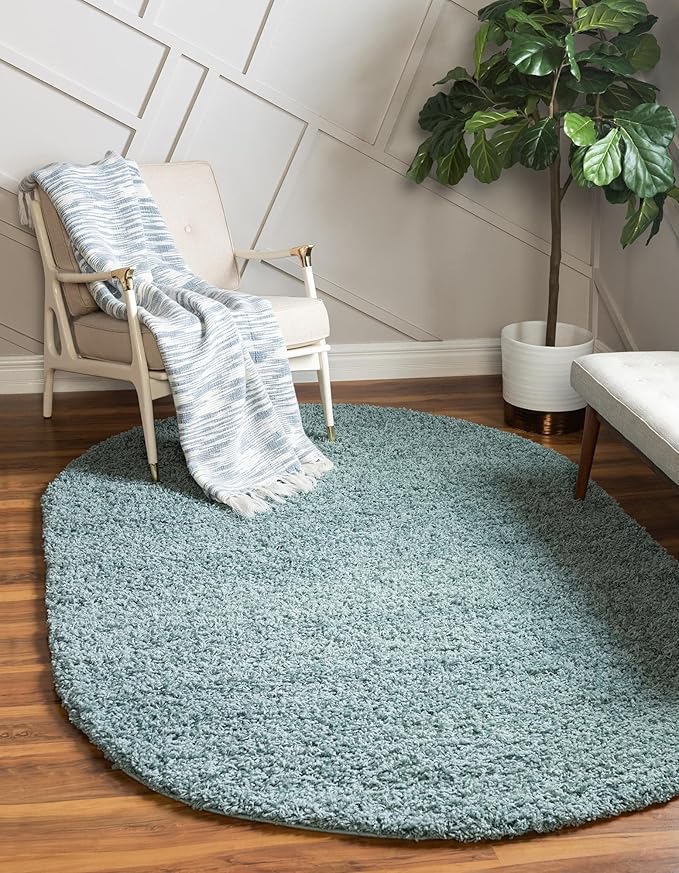 Unique Loom Solid Shag Collection Area Rug (7' 10" x 10' Oval, Light Slate Blue)
