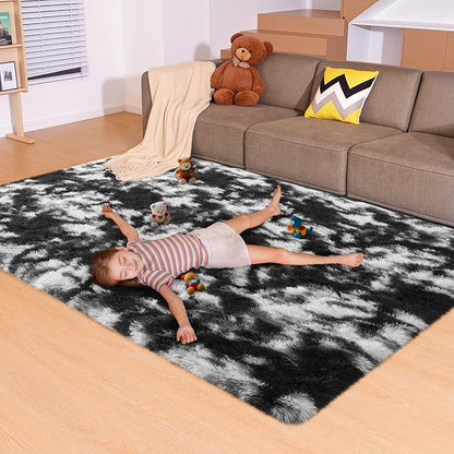 5x7 Area Rugs for Living Room, Fluffy Large Rugs for Bedroom, Soft Shag Fuzzy Non-Slip Carpet for Kids Boys and Girls Nursery Room Dorm Indoor Home Decor (Black and White, 5ft x 7ft)