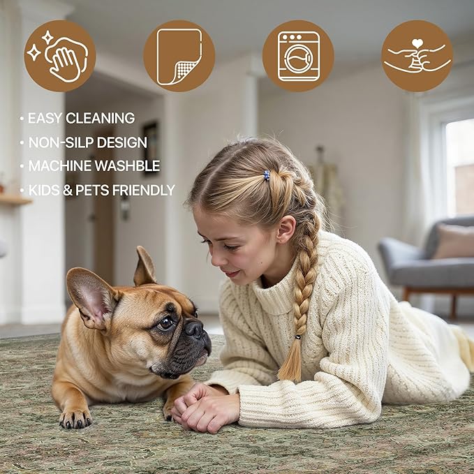 2x5 Runner Rug Machine Washable Boho Runners for Hallway,Ultra-Thin Low Pile Rug,Lightweight Indoor Carpet,Non Slip Floral Runners for Enrtyway, Corridor, Home Office, Kitchen,Sage