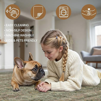 8x10 Area Rug Machine Washable Boho Rug for Living Room,Ultra-Thin Low Pile Carpet,Lightweight Indoor Printed Rug,Non Slip Floral Area Rug for Bedroom, Dining Room, Home Office,Sage