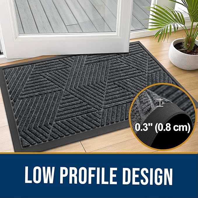 Kitinjoy Front Door Mat Outside Entrance, Sturdy Natural Dirt Trapper, Heavy Duty Rubber Doormat, Low Profile Non-Slip Backing, Easy Clean Floor Mat for Indoor Outdoor Entry, 29.5X17 Inch, Grey