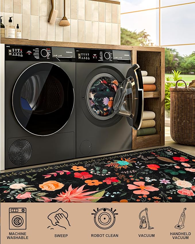Boho Washable Area Rug 5x7 – Floral Low Pile Non-Slip Carpet for Living Room, Bedroom, Office, Playroom, Entryway, Kitchen, Dining Room (Black)