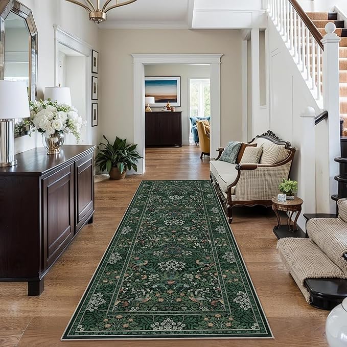 2x6 Floral Washable Area Rugs Soft Runner Rug for Living Room, Vintage Boho Hallway Rug for Bedroom Dining Room, Distressed Botanical Birds Non Slip Low Pile Throw Carpet for Office, Bright Green