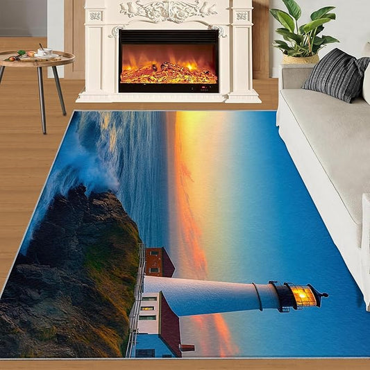 Coastal Rugs for Bedroom - 5x6 Area Rug - Ocean Lighthouse Rugs for Living Room, Sunset Ocean Scenery Rug, Non-Slip Washable Home Decor Carpet