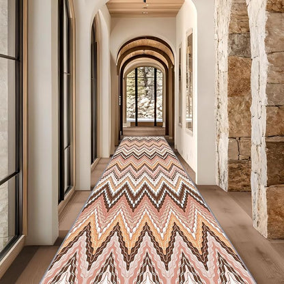 Brown Pink White Wave Runner Rug, 3x12ft Soft Tone Hallway Decor Carpet - Modern Home Corridor & Foyer Long Rug Non-Slip Mat, Washable Flannel Material, Bedroom Stylish Accent Rugs