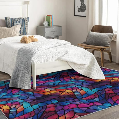 Abstract Rug, 5x8 Rug, Stained Glass Rugs for Living Room Bedroom, Modern Large Area Rug, Washable Rug Non Slip Soft Indoor Carpet, Kids and Pets Friendly, Abstract Home & Room Decor
