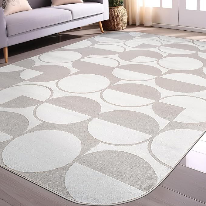Beverly Rug Modern Geometric Area Rug 5x7 Low-High Pile Durable Soft Abstract Circular Indoor Rugs for Living Dining Room Office Stain Resistant Non Shedding Casual Indoor Carpet Beige White 5 x 7