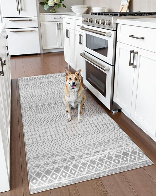 Moroccan Washable Runner Rug, 2x5 Ultra Soft Non-Slip Hallway Rug, Low Pile Distressed Gray Bathroom Rugs Carpet Runner for Entryway Kitchen Bedroom Laundry Room