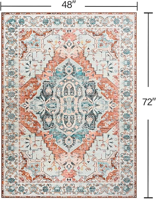 YJ.GWL Area Rugs for Living Room 4x6 Machine Washable Rugs for Bedroom, Non Slip Floral Vintage Rug Indoor Carpet, Stain Resistant Throw Rug for Dining Room Kitchen, Copper Tan