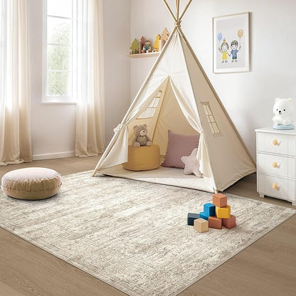 Area Rug Living Room Rugs - 4x6 Large Soft Indoor Neutral Modern Abstract Low Pile Washable Rug Carpet for Bedroom Dining Room Farmhouse Home Office - Vintage Beige