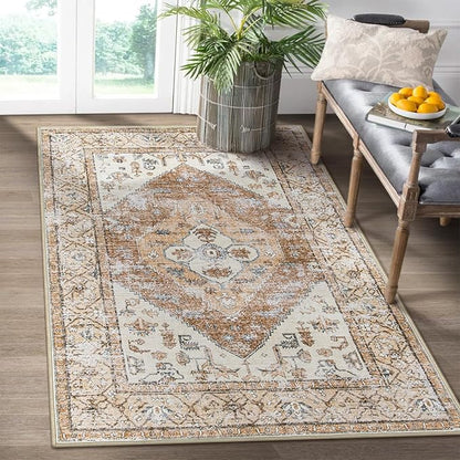 Lahome Boho Washable Living Room Area Rug 3x5 Throw Non-Slip Rugs for Bedroom Aesthetic Lightweight Thin Entry Rug Kitchen Rugs Oriental Distressed Print Capet for Office Bathroom Laundry Room