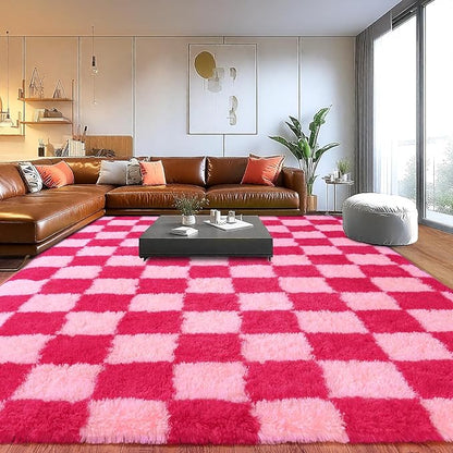 Area Rugs for Living Room, Soft Shaggy Carpets for Living Room, Fuzzy Rugs for Kids' Room, Perfect Decor for Modern Home Hot Pink Grid 5x7 Feet