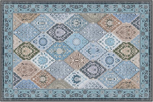Phantoscope Washable Area Rug 4'x6' Non-Slip, Vintage Boho Rugs for Living Room, Bedroom, Dining Room, Distressed Moroccan Mosaic Diamond Pattern, Low-Pile Foldable Floor Carpet, Blue Teal/Neutral