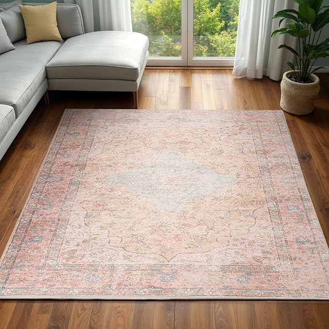 Area Rug – 6x9 Washable Ultra-Soft Vintage Boho Faux Wool Carpet for Living Room, Dining Room, Bedroom, Home Office (Cinnamon)
