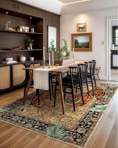 Moynesa Tiger 5x7 Area Rugs, Boho Washable Rugs for Living Room, Vintage Soft Dining Room Rug, Non Slip Ultra Thin Stain Resistant Large Floor Carpet for Office Bedroom, Camel