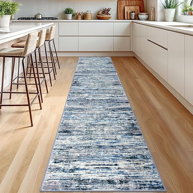 Modern Abstract Runner Rug 2.6x12, Grey Blue White Washable Long Kitchen Runner Non-Slip Soft Hallway Rug Runner Thin Print Faux Wool Carpet for Entryway Bedroom Laundry Room Indoor Home Decor