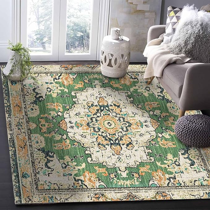 Bohemian Pattern Rectangular Area Rugs for Living Room Bedroom 3 x 5 ft Green & Orange Abstract Non-Shedding Soft Low Pile Rug Non Slip Washable Rug for Nursery Entryway Playroom