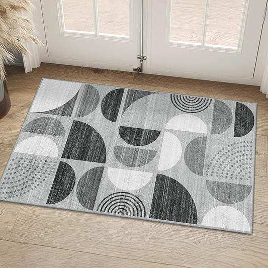 MUJOO Small Rug Washable,Boho Area Rugs for Entryway Bathroom Entry Entrance Bedroom Kitchen,Front Door Mat Throw Carpet Non Slip Indoor Soft Modern Abstract 2x3 Black and Grey