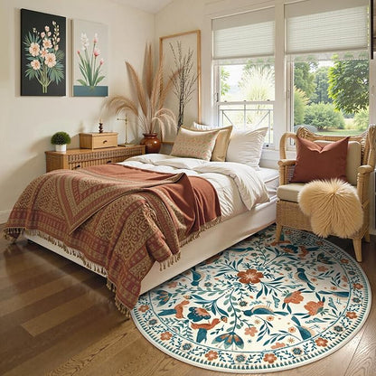 Moynesa Floral Bird Round Rug 6ft Washable Circle Rug Non Slip,Modern Bohemian Area Rugs for Bedroom Reading Coner,Farmhouse Living Dining Room Aesthetic Carpet Retro Home Decor