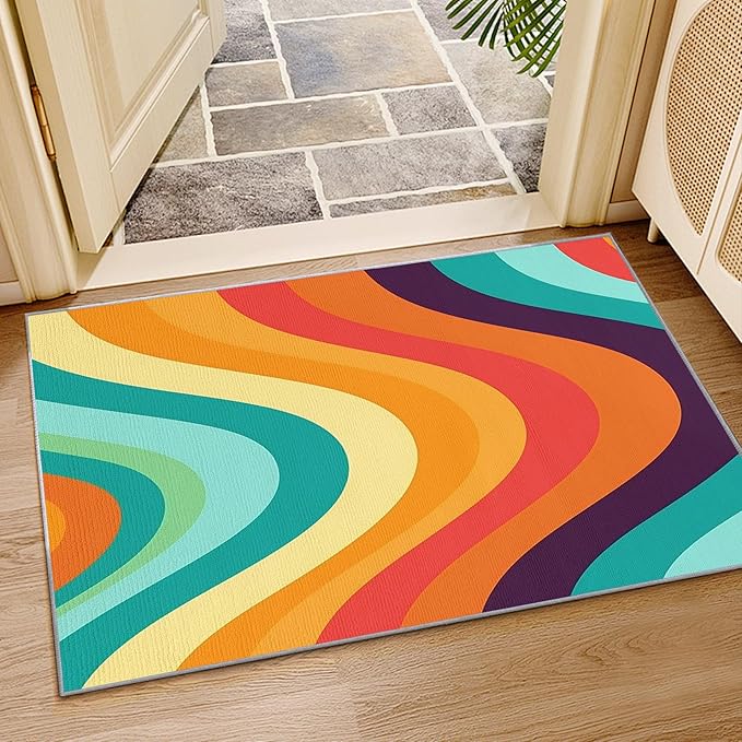 Retro Rugs for Living Room 70s -Abstract Wave Rug, 3x5 ft, Colorful Rainbow Area Rug, Groovy Geometric Washable Non-Slip Rugs for Entryway, Mid Century Retro 70s Home Decor & Gifts