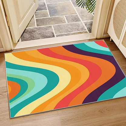 Retro Rugs for Living Room 70s - 7x10 ft, Abstract Wave Rug, Colorful Rainbow Area Rugs for Living Room Bedroom, Groovy Geometric Washable Rug Non-Slip Carpet, Mid Century Retro 70s Home Decor
