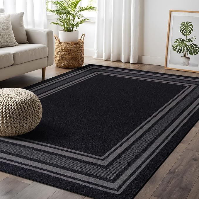 Beverly Rug Non Slip Area Rugs 8x10 Modern Bordered Non Skid Rubber Backing Soft Area Rug for Living Dining Room Easy to Clean Non Shedding Kitchen Bedroom Indoor Carpet 8 x 10 Black