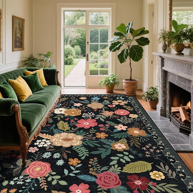 6x9 Area Rug, Floral Rugs for Living Room, Stain-Resistant Washable Bedroom Rug, Non-Slip Area Rugs for Dining Room Under Table, Indoor Carpet for Home Office (6 x 9 Black)