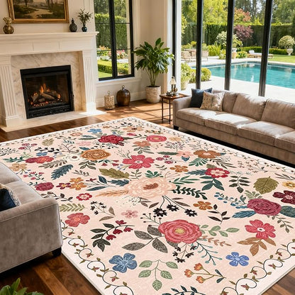 Extra Large 10x14 Area Rug for Living Room, Washable Rugs for Dining Room, Bedroom, Non Slip Stain Resistant Carpet, Low Pile Vintage Floral Rug (Begie Red)