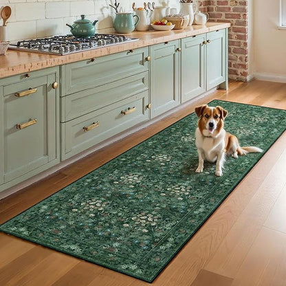 Boho Green Long Hallway Runner Rug 2x6 Washable, Farmhouse Floral Botanical Non Skid Kitchen Floor Mat - Vintage Soft Throw Rug for Bathroom, Indoor Entrance, Foyer, Bedroom Bedside, Laundry