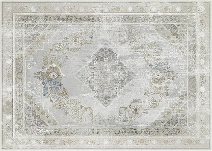 Phantoscope Washable Area Rug 5'x7' Non-Slip, Vintage Neutral Rugs for Living Room, Bedroom, Dining Room, Distressed Boho Medallion Pattern, Low-Pile Foldable Floor Carpet, Silver Grey/Taupe