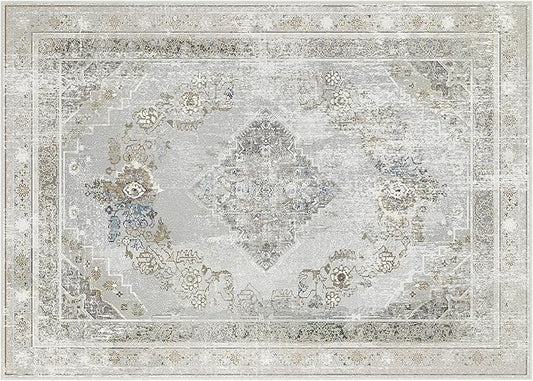 Phantoscope Washable Area Rug 5'x7' Non-Slip, Vintage Neutral Rugs for Living Room, Bedroom, Dining Room, Distressed Boho Medallion Pattern, Low-Pile Foldable Floor Carpet, Silver Grey/Taupe