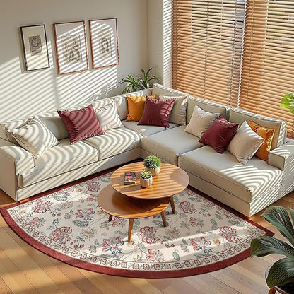 jinchan Elora Floral Corner Rug for Living Room Washable Bedroom Rug Vintage Romance Design Non Slip Quarter Circle Lightweight Low-Pile Throw Carpet for Reading Nook Playroom,6ft Radius, Red/Beige