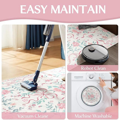 Washable Non-Slip Runner Rugs 2X6, Pink Rug Boho Farmhouse Bow Floral Area Rug for Hallway Kitchen Bedroom Beside Laundry Room Bathroom Rug, Low Pile Stain Resistant Soft Floor Carpet