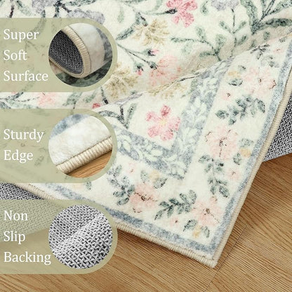 Morebes Washable Area Rugs 9x12 Living Room, Boho Large Cream Rugs for Farmhouse Non Slip, Soft Ultra-Thin Distressed Floral Carpet for Bedroom Nursery Girls Home Office Decor