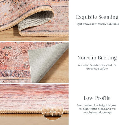 Phantoscope Washable Area Rug 5'x7' Non-Slip, Vintage Neutral Fall Rugs for Living Room, Bedroom, Dining Room, Distressed Boho Medallion Pattern, Low-Pile Foldable Floor Carpet, Rust Orange