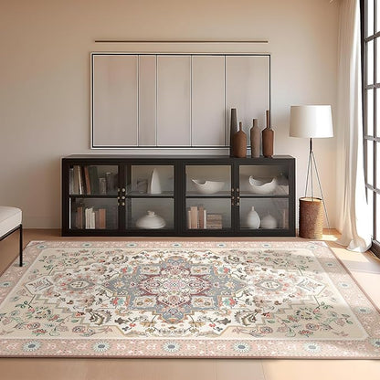 Phantoscope Washable Area Rug 5'x7' Non-Slip, Vintage Boho Rugs for Living Room, Bedroom, Dining Room, Persian Floral Medallion Pattern, Low-Pile Foldable Floor Carpet, Ivory Rose/Fall Bloom