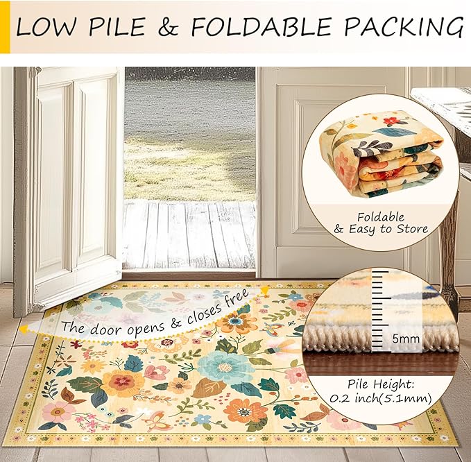 Floral 3x5 Area Rug Machine Washable Soft Print Boho Carpet Non Slip Doormat Low Pile Flower Area Rugs for Living Room Bedroom Nursery Kitchen Dining Room Indoor-Ivory/Yellow