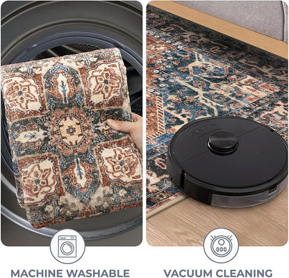 KOZYFLY Runners for Hallways 2x6 Ft Washable Kitchen Runner Rug Boho Runner Rug for Entryway Indoor Printed Oriental Faux Wool Floor Carpet Runner for Bedroom Kitchen Hall, Red/Navy Blue/Brown