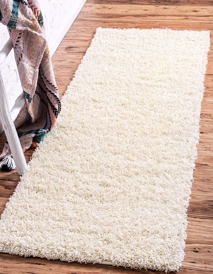 Unique Loom Solid Shag Collection Area Rug (2' 6" x 16' 5" Runner, Pure Ivory)