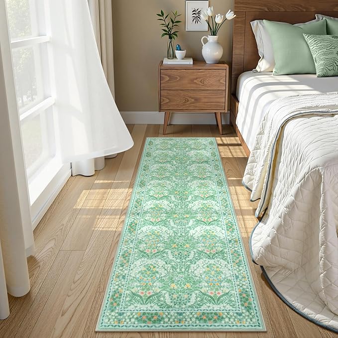 Lahome Floral Washable Kitchen Runner Rug, 2x6 Runners for Hallways Non Slip Ultra-Thin, Boho Soft Hallway Rug Forest Green Carpet for Bedroom Bathroom Laundry Room, Sage Green