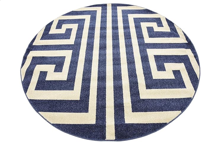 Unique Loom Athens Collection Classic Geometric Modern Border Design Area Rug (6' 0 x 6' 0 Round, Navy Blue/ Beige)