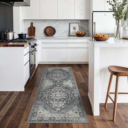 GENIMO 2x5 Washable Runner Rug for Hallway, Vintage Non Slip Low Pile Carpet, Soft Lightweight Printed Rug for Entryway, Kitchen, Corridor & Home Office, Slate Gray Blue