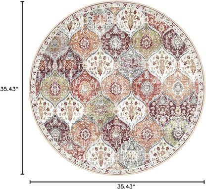 Lahome Moroccan Trellis Round Area Rugs, Washable Small Round Rug 3ft Non-Slip, Soft Vintage Ultra-Thin Circle Carpet for Bedroom Entryway Kitchen Laundry Bathroom, Orange/Terracotta