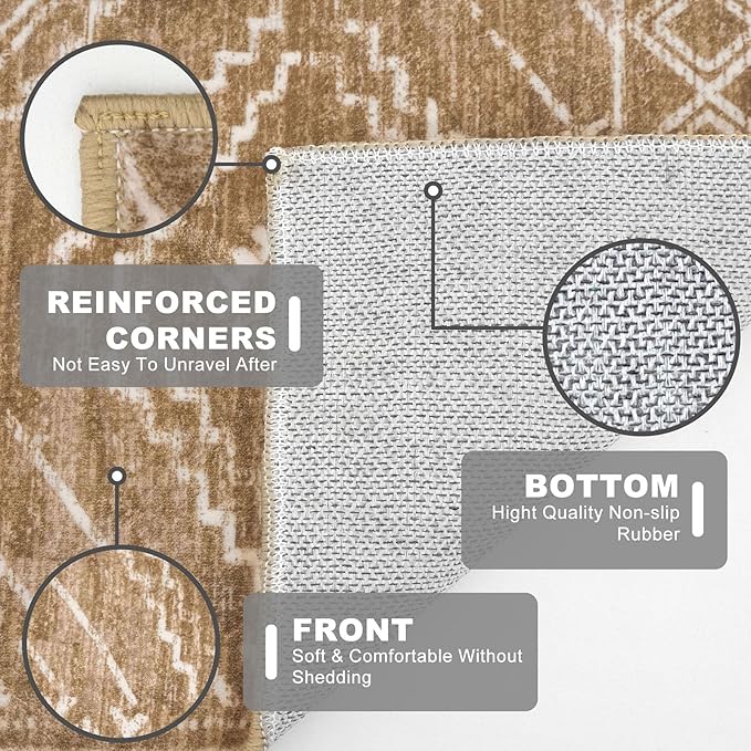 KILOCOCO Entryway Rug 3x5 Area Rug Boho Washable Non Slip Printed Throw Rugs Soft for Kitchen Living Room Dining Bedroom Geometric Moroccan Carpet, Yellow Brown Orange