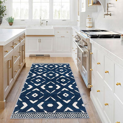 KILOCOCO Area Rug 3'x5' Rug for Entryway Washable Printed Bedroom Rugs Non Slip Boho Low-Pile Soft Rugs for Kitchen Dining Geometric Moroccan Carpet, Blue