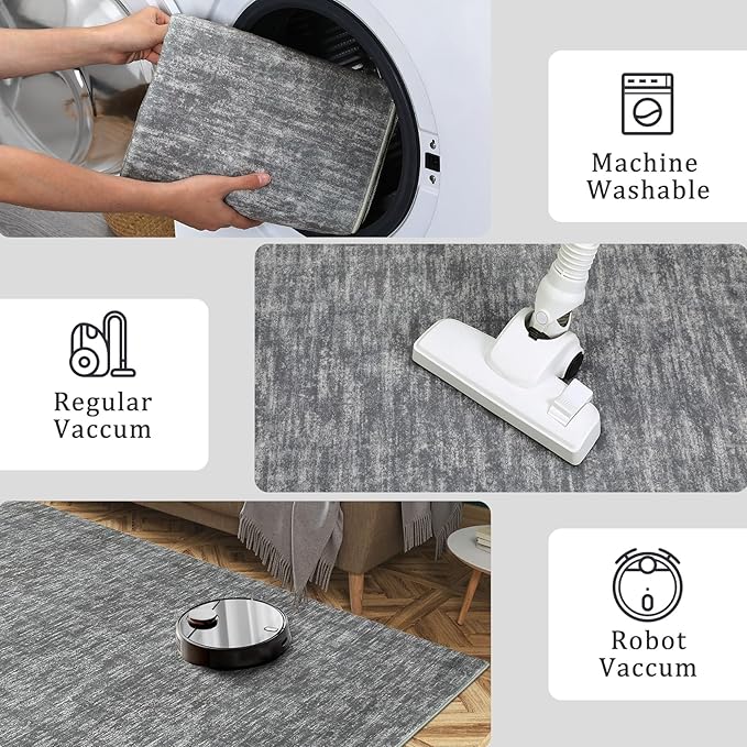 RUGSREAL Solid Runner Rug 2x6 Non Slip Bathroon Mat Machine Washable Ktichen Carpet Long Hallway Runner Rug Modern Indoor Throw Carpet for Living Room Bedroom Laundry, 2' x 6' Grey