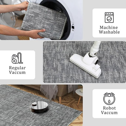 RUGSREAL Small Area Rug 2x3 Entryway Rug Washable Contemporary Bath Mat Modern Solid Indoor Throw Carpet Machine Washable Non-Slip Low-Pile Area Rug for Living Room Bedroom Laundry, 2' x 3' Grey