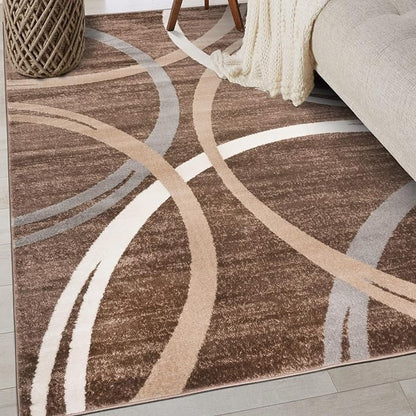 Rugshop Modern Wavy Circles Design Area Rug, Carpet with Jute Backing for Bedroom, Office, or Entryway, Brown, 4' x 6'