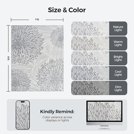 WITSHOCK 7x9 Washable Rug for Living Room,Modern Floral Distress Print Pattern Area Rugs,Stain Resistant with Non Slip Backing Carpet for Dining Room,Bedroom & Home Decor,Grey White