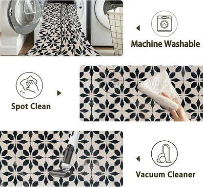 Black Beige Vintage Washable 3x5 Area Rugs for Living Room, Thin Low Pile Contemporary Carpet, Non-Slip Base Lightweight Rug